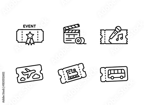 Event Ticket Movie Ticket Concert Ticket Flight Ticket Train Ticket Bus Ticket Minimal Bold Line Icon Set