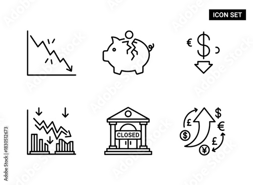 Falling Graph Broken Piggy Bank Declining Dollar Sign Stock Market Crash Financial Loss Minimal Bold Line Icon Set