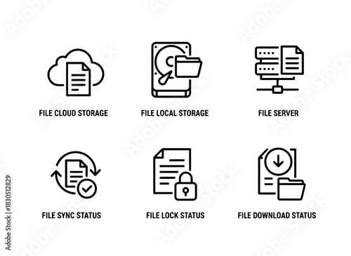 File Cloud Storage File Local Storage File Server File Sync Status File Lock Status Minimal Bold Line Icon Set
