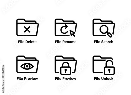 File Delete File Rename File Search File Preview File Lock File Unlock Minimal Bold Line Icon Set