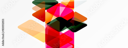 Abstract geometric shapes overlap, creating vibrant color blocks. Pink, red, orange, green hues dominate white background. Modern design.