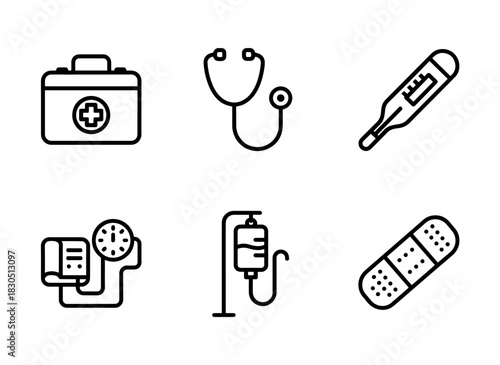 First Aid Kit Stethoscope Thermometer Blood Pressure Monitor IV Drip Minimal Bold Line Icon Set