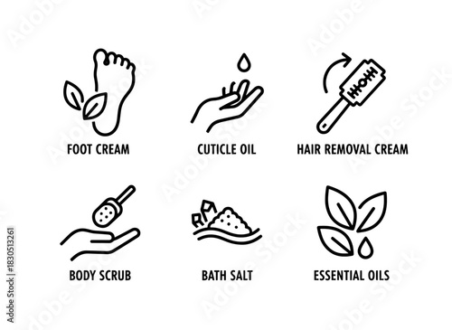Foot Cream Cuticle Oil Hair Removal Cream Body Scrub Bath Salt Essential Oils Minimal Bold Line Icon Set