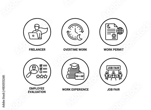 Freelancer Overtime Work Work Permit Employee Evaluation Work Experience Minimal Bold Line Icon Set