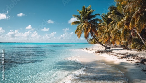 Fototapeta Naklejka Na Ścianę i Meble -  Vibrant photo of tropical beach scene with clear turquoise water and palm tree