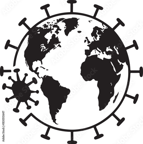 Global pandemic illustration earth surrounded by coronavirus molecules in black and white