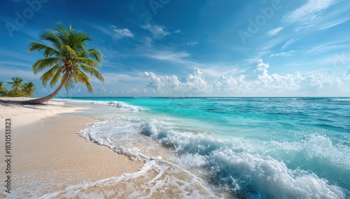 Fototapeta Naklejka Na Ścianę i Meble -  Vibrant photo of tropical beach scene with turquoise ocean wave washing onto sand