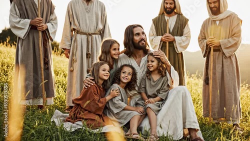 Holy Bible video depicts group with Jesus Christ sitting among children outdoors. Scene from Holy Bible video shows people dressed in biblical clothing on green grassy hillside under bright sunlight.