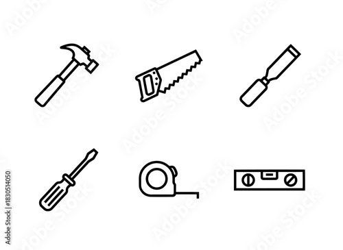 Hammer Saw Chisel Screwdriver Measuring Tape Level — Minimal bold line icon set