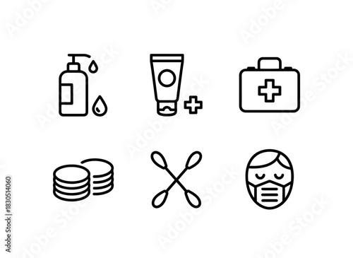 Hand Sanitizer Antiseptic Cream First Aid Kit Cotton Pads Cotton Swabs Facial Mask — Minimal bold line icon set