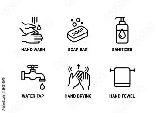 Hand Wash Soap Bar Sanitizer Water Tap Hand Drying Hand Towel — Minimal bold line icon set