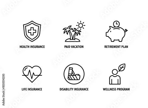 Health Insurance Paid Vacation Retirement Plan Life Insurance Disability Insurance — Minimal bold line icon set