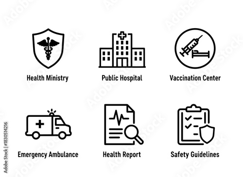 Health Ministry Public Hospital Vaccination Center Emergency Ambulance Health Report — Minimal bold line icon set