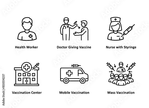 Health Worker Doctor Giving Vaccine Nurse with Syringe Vaccination Center Mobile Clinic — Minimal bold line icon set