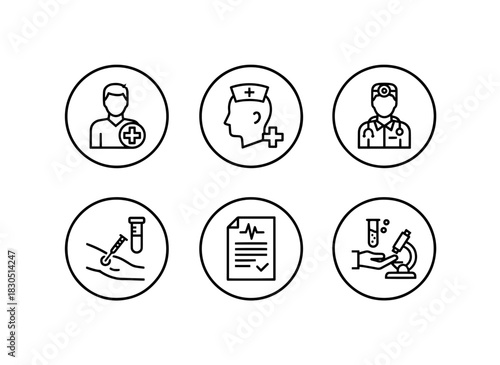 Healthcare Worker Nurse Doctor Phlebotomist Medical Report Lab Technician — Minimal bold line icon set
