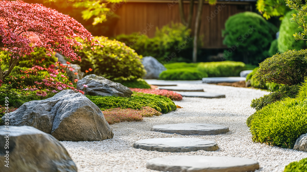 Fototapeta premium Serene Japanese Garden with Stone Path and Lush Greenery at Sunset