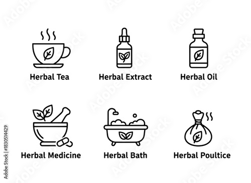 Herbal Tea Herbal Extract Herbal Oil Herbal Medicine Herbal Bath Herbal Poultice — Minimal bold line icon set