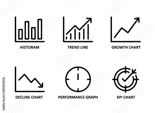 Histogram Trend Line Growth Chart Decline Chart Performance Graph KPI Chart — Minimal bold line icon set