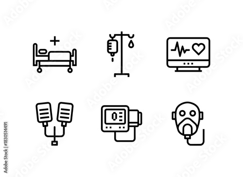 Hospital Bed IV Drip ECG Monitor Defibrillator Blood Pressure Monitor Oxygen Mask — Minimal bold line icon set