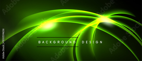 Vibrant green neon lines create dynamic abstract background. Bright glow radiates from central point, forming flowing shapes. Dark edges frame design.