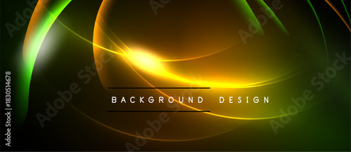 Abstract neon lines create dynamic curves. Bright gradients blend yellow, green, orange hues over black backdrop. Text reads background design.