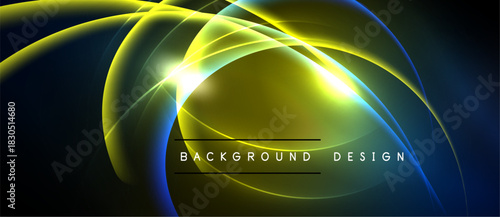 Abstract design features vibrant yellow, blue light streaks. Dynamic curves create energy, modern aesthetic. Dark background emphasizes luminosity.