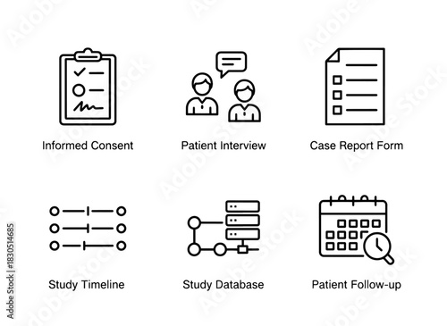 Informed Consent Patient Interview Case Report Form Study Timeline Study Database — Minimal bold line icon set