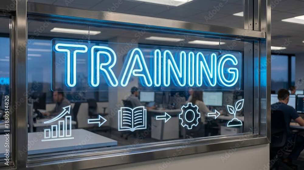 Obraz premium Word ‘Training’ displayed on office glass window, symbolizing with self-growth, learning, development, and business improvement.