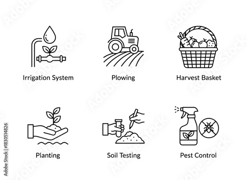 Irrigation System Plowing Harvest Basket Planting Soil Testing Pest Control — Minimal bold line icon set