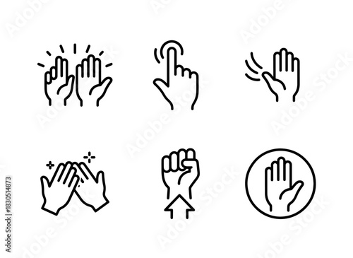 Jazz Hands Finger Wag Hand Wave Hand Clap Raised Fist Palm Facing Forward — Minimal bold line icon set