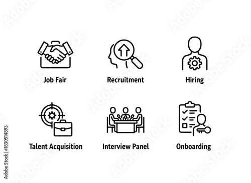 Job Fair Recruitment Hiring Talent Acquisition Interview Panel Onboarding — Minimal bold line icon set