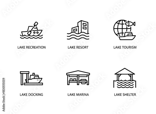 Lake Recreation Lake Resort Lake Tourism Lake Docking Lake Marina Lake Shelter — Minimal bold line icon set