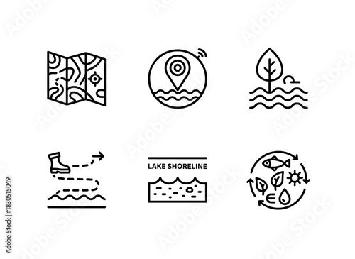 Lake Map Lake GPS Lake Nature Lake Trail Lake Shoreline Lake Eco System — Minimal bold line icon set