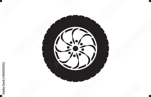Black rubber wheel tire design. Wheel tires. Car tire tread tracks, Mini Van racing wheel mascot design. Tires road maintenance vector automobile. Auto Van wheel tyre. Vector illustration rim design