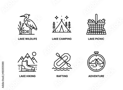 Lake Wildlife Lake Camping Lake Picnic Lake Hiking Lake Rafting Lake Adventure — Minimal bold line icon set