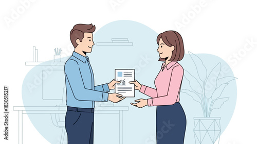 Man and woman exchanging documents. Business people handing papers. Office scene illustration. Vector graphic. Two colleagues in conversation. Indoor setting. Professional communication.