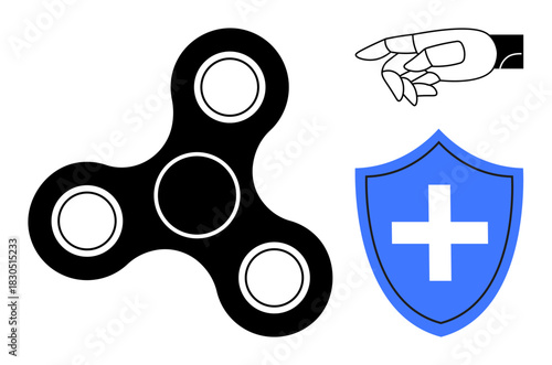 Fidget spinner for stress relief, robotic hand symbolizing innovation, and shield with medical cross representing safety. Ideal for health, technology, AI, entertainment, stress relief, security