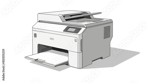 Printer with open tray. Office printer. White printer. Vector illustration. Printer on white background. Office equipment. Gray shadow. Simple printer design. Inkjet printer.