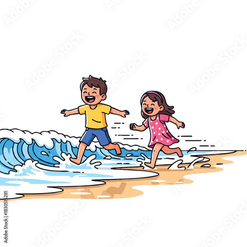 Cartoon illustration of a happy boy and girl running along the beach with waves crashing against the shore in a playful and carefree scene.