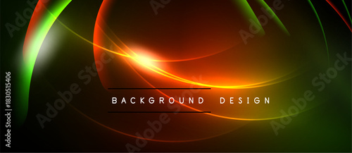 Abstract neon waves, vibrant colors blend. Dark background emphasizes glowing curves, creating dynamic visual effect. Text reads background design.