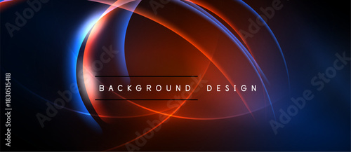 Abstract design features flowing curves, vibrant red, blue hues. Central text reads background design over dark space. Modern, dynamic composition.