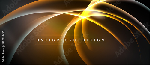 Abstract golden curves create dynamic background. Light flares intersect, forming elegant design. Dark shades emphasize luminosity, contrast.