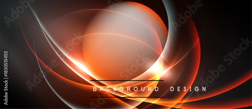 Abstract design features flowing orange lines, curves, bright center. Dark background creates dramatic visual effect. Modern, dynamic composition.