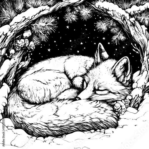 Sleeping Fox in Snowy Forest – Black and White Illustration