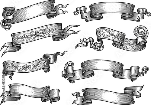 Baroque Flourish Ornate Woodcut Engraved Ribbon Banners Vector Illustration Set
