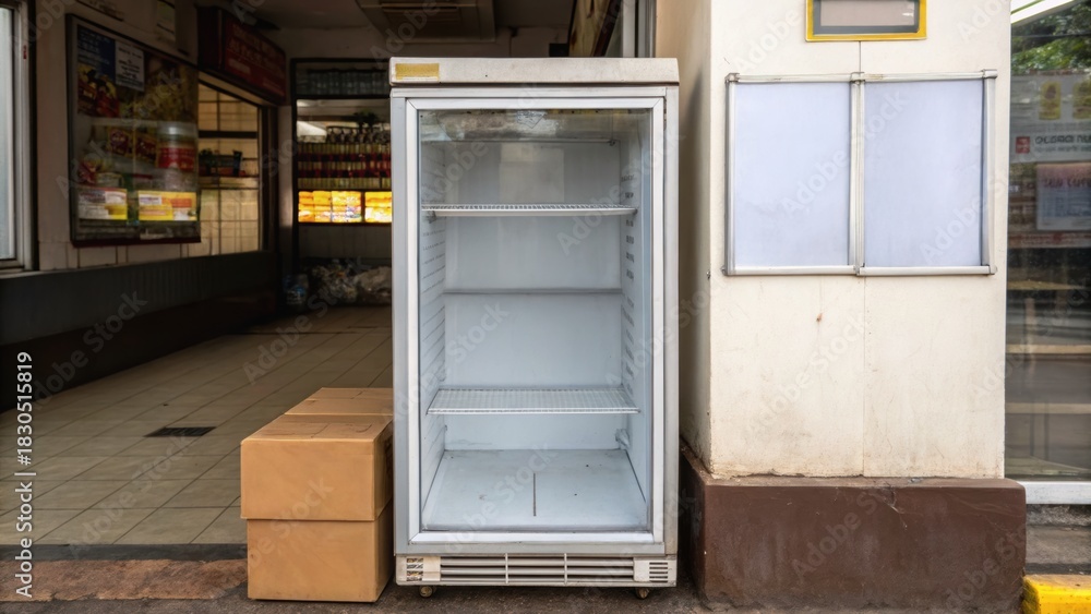 Naklejka premium Petroleum price small business concept. Empty refrigerator displayed outside a store, with cardboard boxes nearby and a shop window in the background.