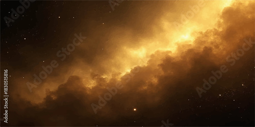 Golden nebula cloud in deep space with distant stars and glowing dust