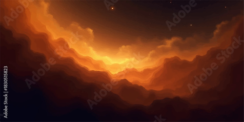 Dramatic orange and brown nebula cloudscape with distant stars in deep space
