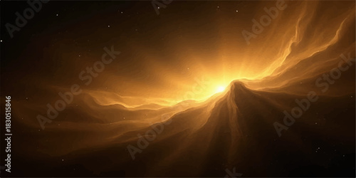 Golden nebula cloud with light rays in the dark space