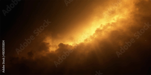 Dramatic golden light breaks through dark storm clouds in the sky